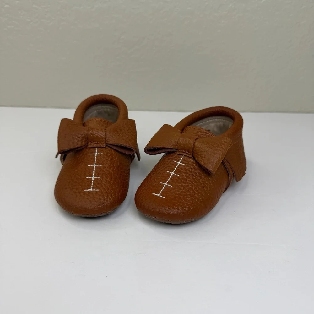 Monkey Feet Brown Baby Leather With Fringe and Bow Detail Slip-on Moccasin Shoes